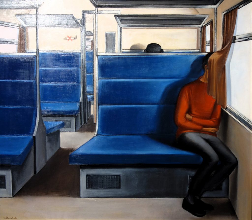 Painting of a passenger on a train with blue seats. The passenger has pulled the train curtains to cover their face. 